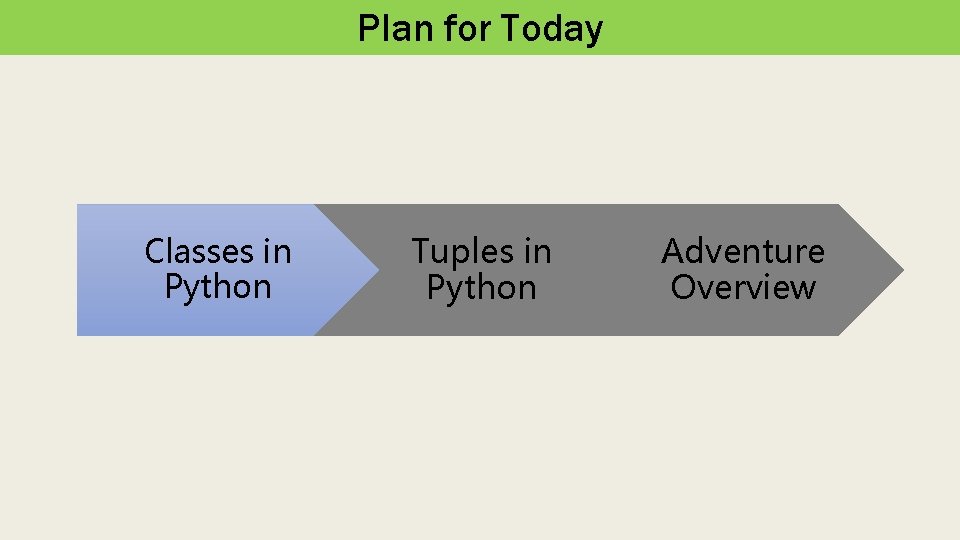 Plan for Today Classes in Python Tuples in Python Adventure Overview 