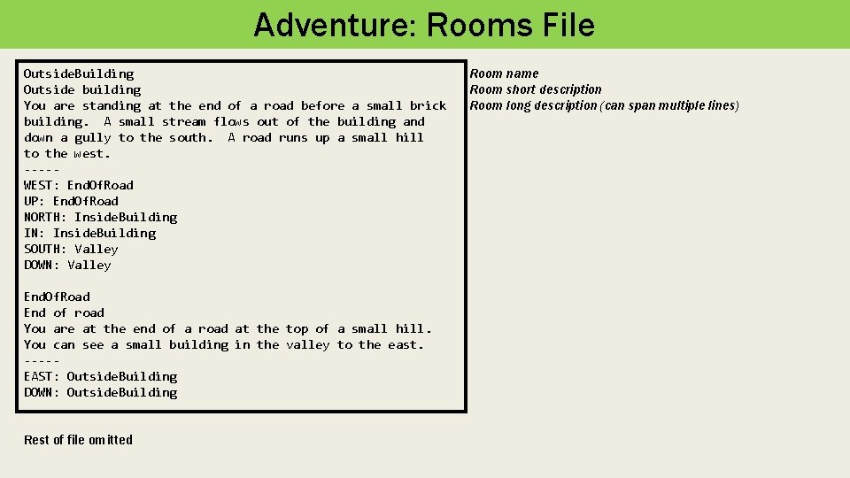 Adventure: Rooms File Outside. Building Outside building You are standing at the end of