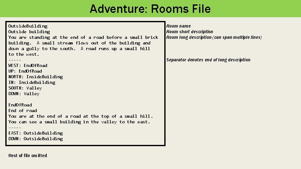 Adventure: Rooms File Outside. Building Outside building You are standing at the end of