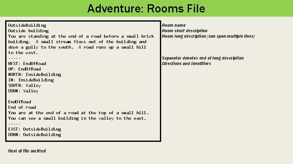 Adventure: Rooms File Outside. Building Outside building You are standing at the end of