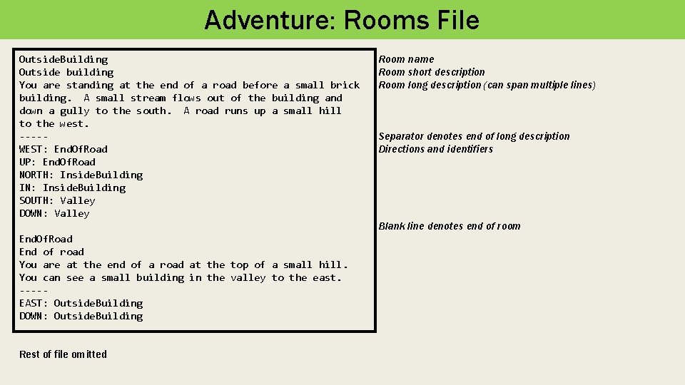 Adventure: Rooms File Outside. Building Outside building You are standing at the end of