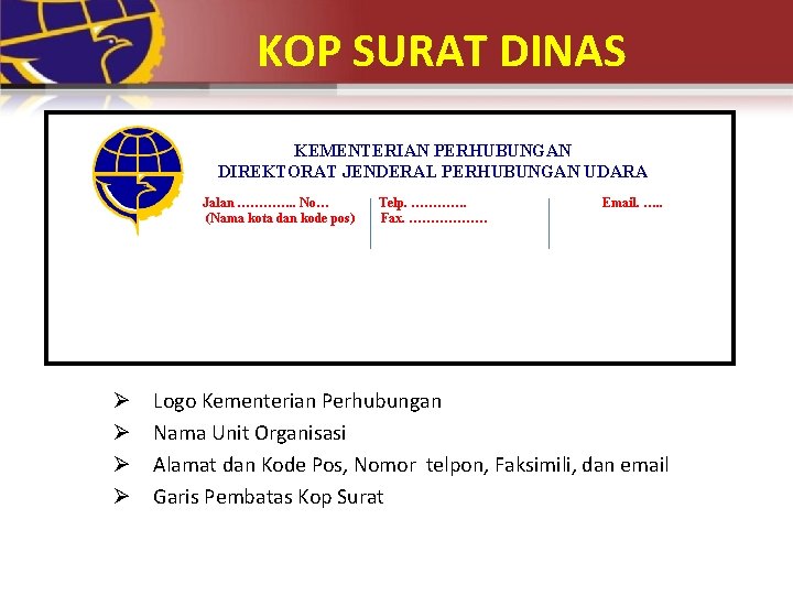 KOP SURAT DINAS KEMENTERIAN PERHUBUNGAN DIREKTORAT JENDERAL PERHUBUNGAN UDARA Jalan …………. . No… (Nama