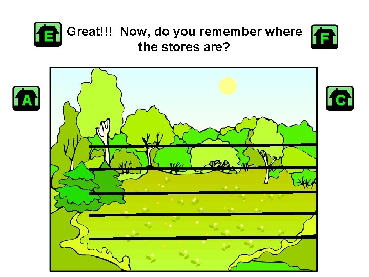 E Great!!! Now, do you remember where the stores are? A F C Goss