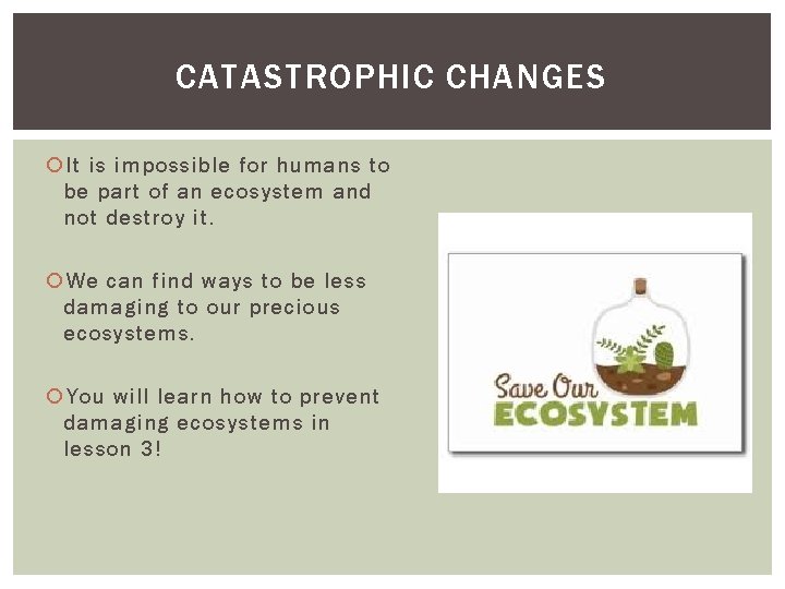 CATASTROPHIC CHANGES It is impossible for humans to be part of an ecosystem and