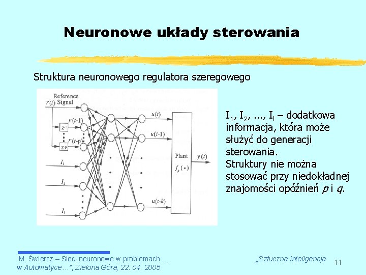 Neuronowe układy sterowania Struktura neuronowego regulatora szeregowego I 1, I 2, . . .