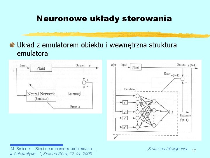 Neuronowe układy sterowania ] Układ z emulatorem obiektu i wewnętrzna struktura emulatora M. Świercz
