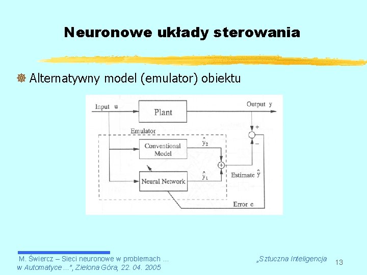 Neuronowe układy sterowania ] Alternatywny model (emulator) obiektu M. Świercz – Sieci neuronowe w