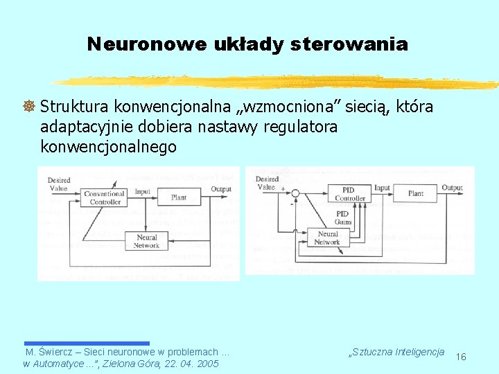 Neuronowe układy sterowania ] Struktura konwencjonalna „wzmocniona” siecią, która adaptacyjnie dobiera nastawy regulatora konwencjonalnego