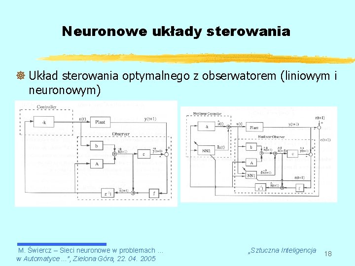 Neuronowe układy sterowania ] Układ sterowania optymalnego z obserwatorem (liniowym i neuronowym) M. Świercz