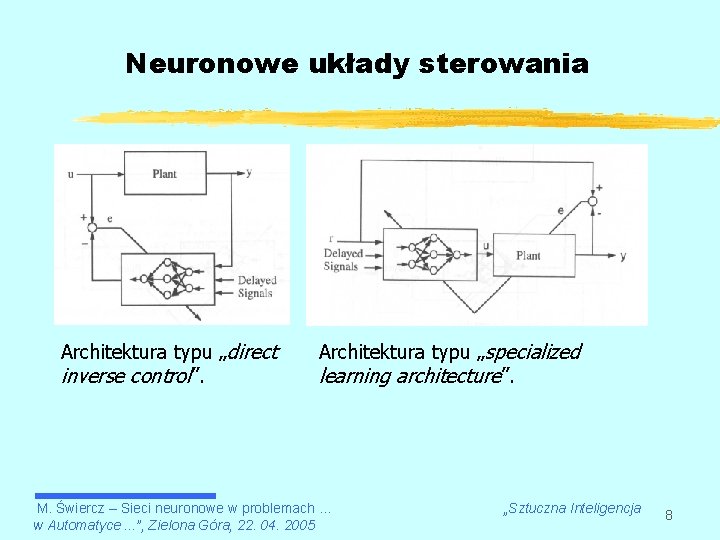 Neuronowe układy sterowania Architektura typu „direct inverse control”. Architektura typu „specialized learning architecture”. M.