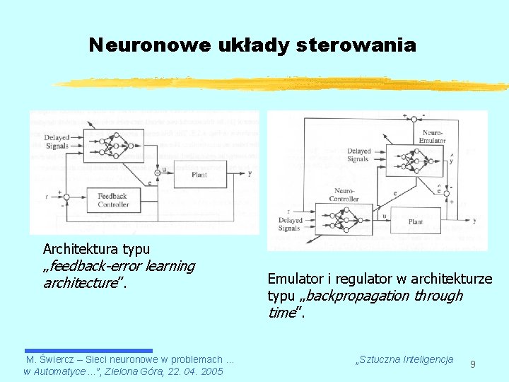 Neuronowe układy sterowania Architektura typu „feedback-error learning architecture”. M. Świercz – Sieci neuronowe w