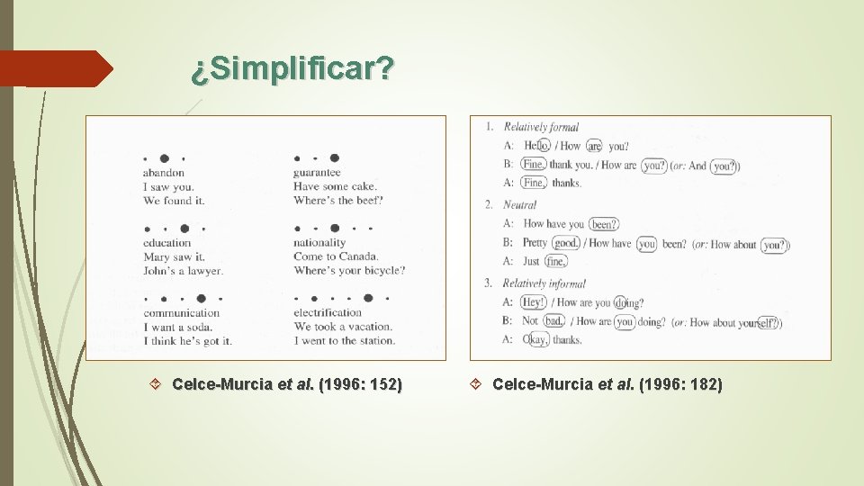 ¿Simplificar? Celce-Murcia et al. (1996: 152) Celce-Murcia et al. (1996: 182) 