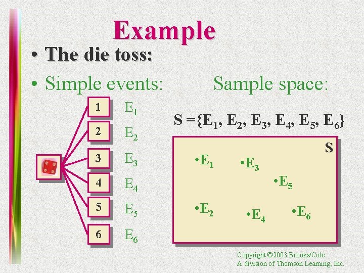 Example • The die toss: • Simple events: 1 E 1 2 E 2