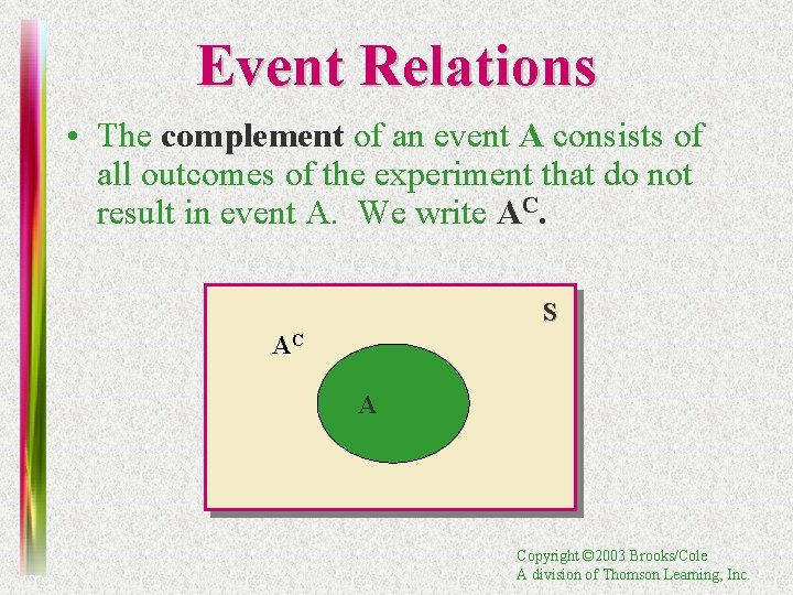 Event Relations • The complement of an event A consists of all outcomes of