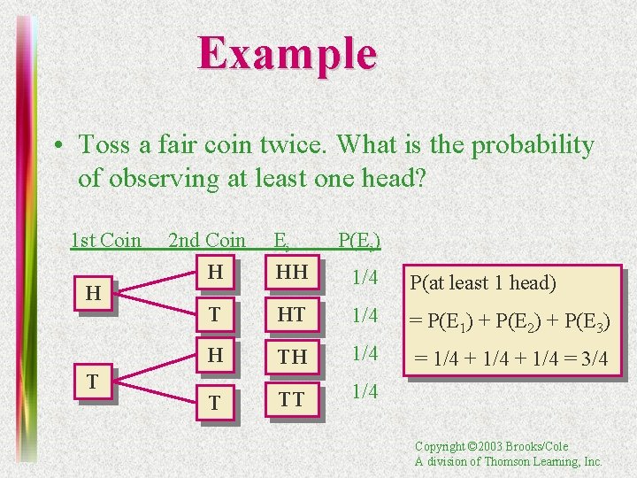 Example • Toss a fair coin twice. What is the probability of observing at