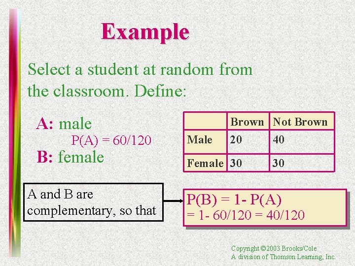 Example Select a student at random from the classroom. Define: A: male P(A) =