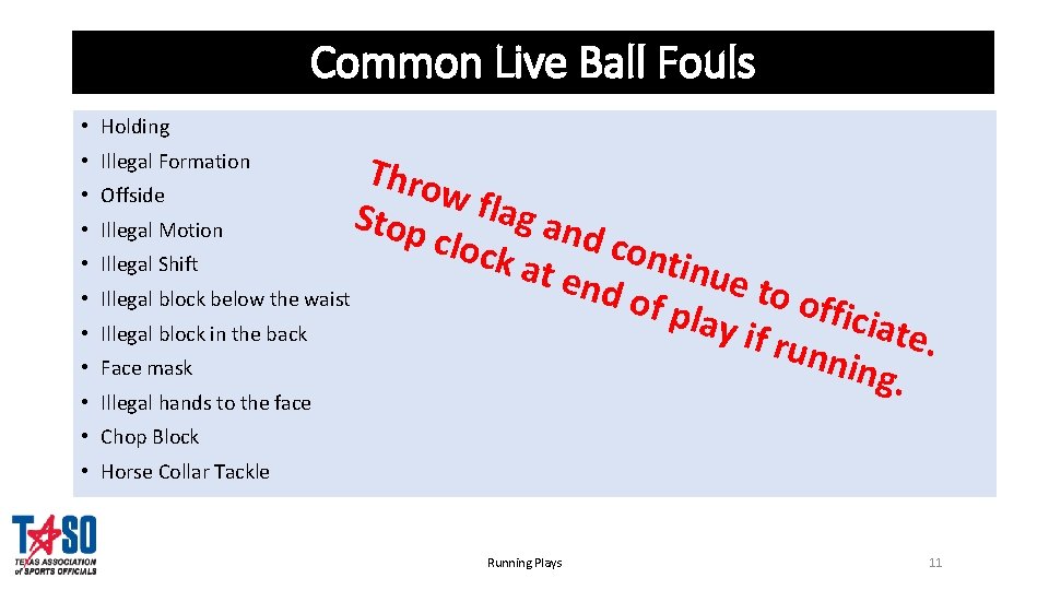 Common Live Ball Fouls • Holding Thro Offside w fla Stop g an Illegal