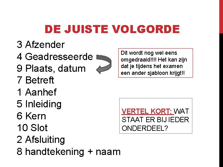 DE JUISTE VOLGORDE 3 Afzender Dit wordt nog wel eens 4 Geadresseerde omgedraaid!!!! Het