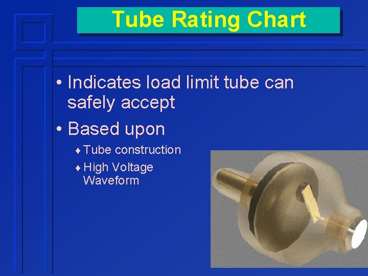 Tube Rating Chart • Indicates load limit tube can safely accept • Based upon