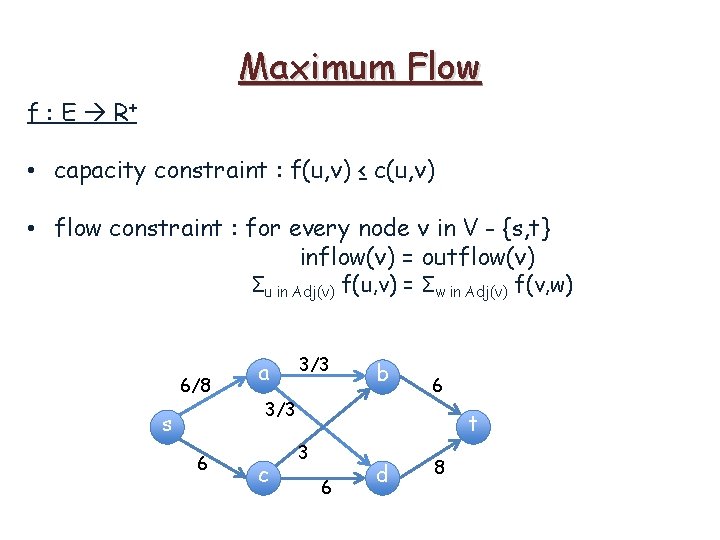 Maximum Flow f : E R+ • capacity constraint : f(u, v) ≤ c(u,