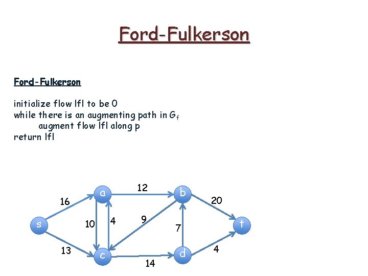 Ford-Fulkerson initialize flow lfl to be 0 while there is an augmenting path in