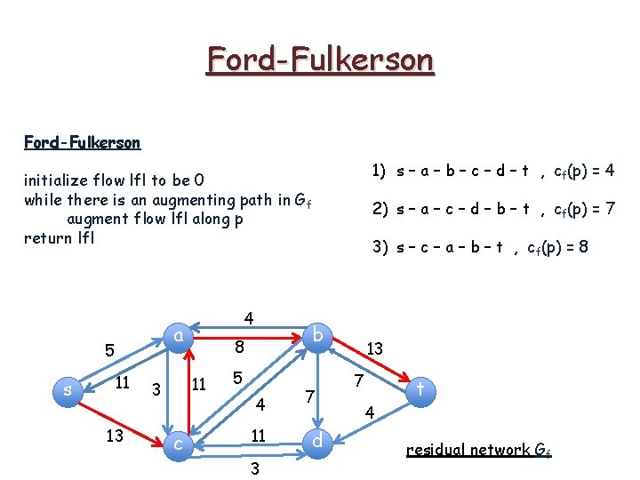 Ford-Fulkerson 1) s – a – b – c – d – t ,
