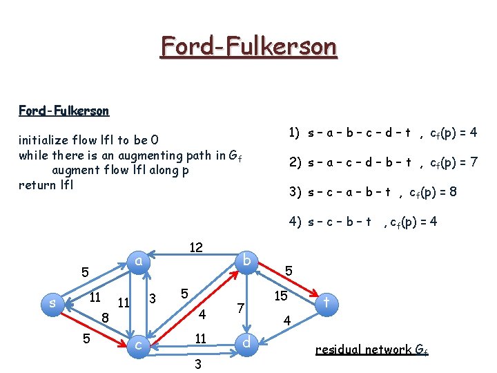 Ford-Fulkerson 1) s – a – b – c – d – t ,