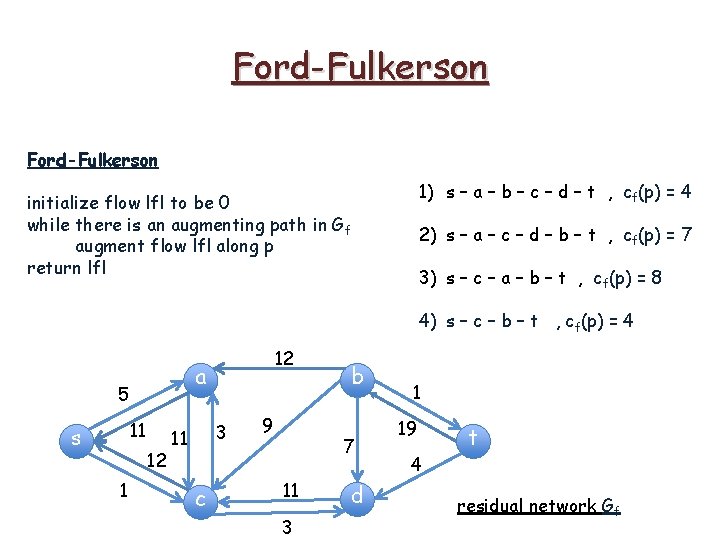 Ford-Fulkerson 1) s – a – b – c – d – t ,