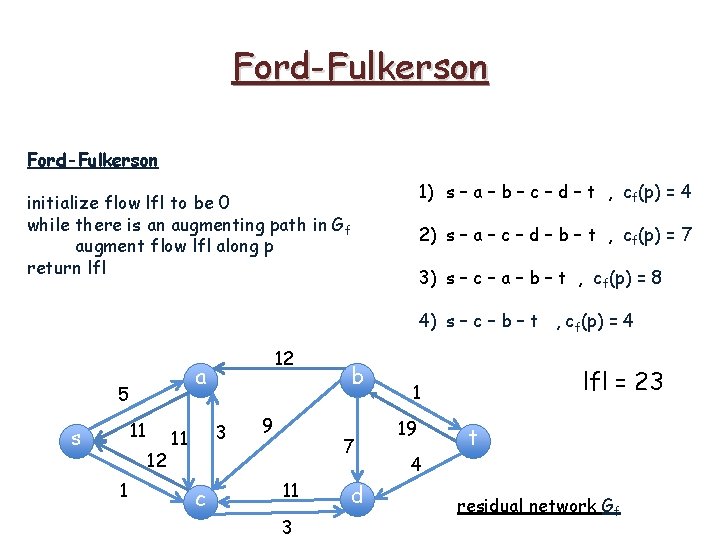 Ford-Fulkerson 1) s – a – b – c – d – t ,