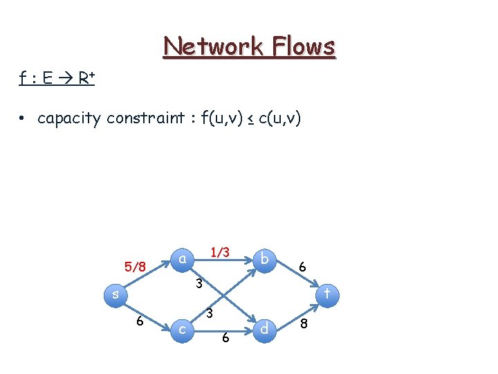 Network Flows f : E R+ • capacity constraint : f(u, v) ≤ c(u,