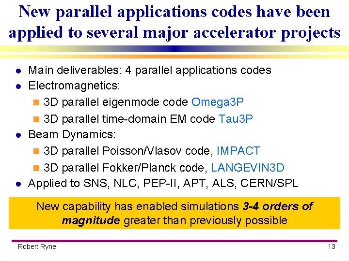 New parallel applications codes have been applied to several major accelerator projects l l