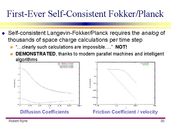 First-Ever Self-Consistent Fokker/Planck l Self-consistent Langevin-Fokker/Planck requires the analog of thousands of space charge