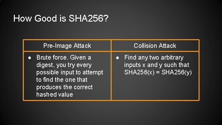 How Good is SHA 256? Pre-Image Attack Collision Attack ● Brute force. Given a