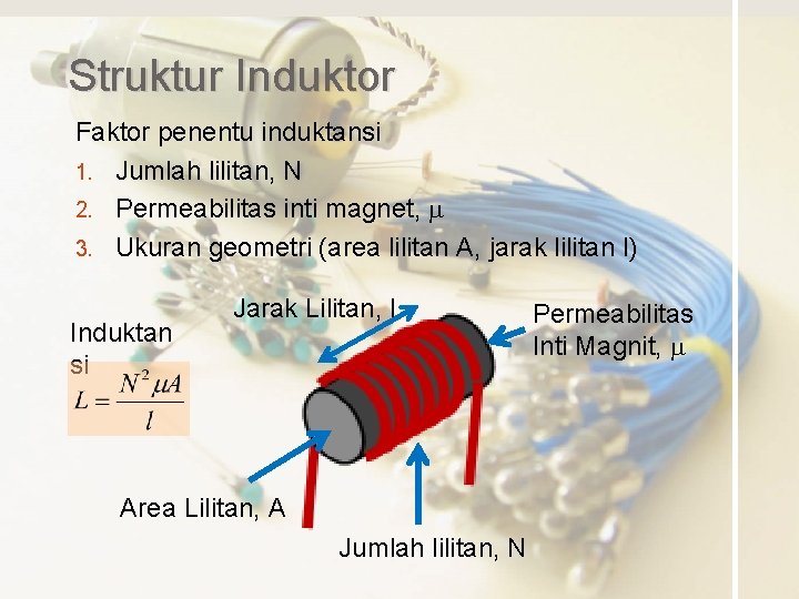 Struktur Induktor Faktor penentu induktansi 1. Jumlah lilitan, N 2. Permeabilitas inti magnet, m