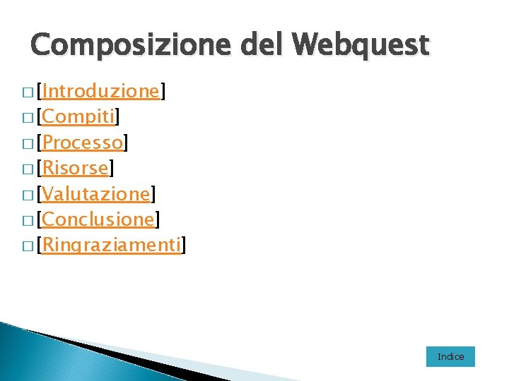 Composizione del Webquest � [Introduzione] � [Compiti] � [Processo] � [Risorse] � [Valutazione] �