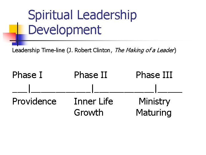 Spiritual Leadership Development Leadership Time-line (J. Robert Clinton, The Making of a Leader) Phase