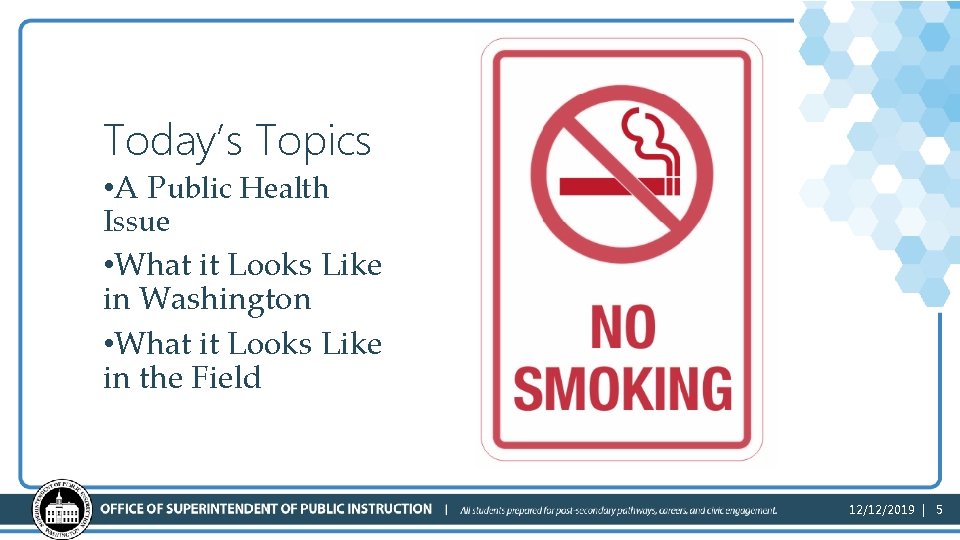 Today’s Topics • A Public Health Issue • What it Looks Like in Washington