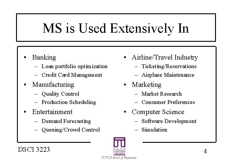 MS is Used Extensively In • Banking – Loan portfolio optimization – Credit Card