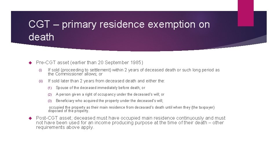 CGT – primary residence exemption on death Pre-CGT asset (earlier than 20 September 1985)