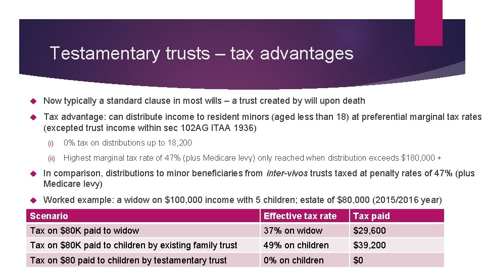 Testamentary trusts – tax advantages Now typically a standard clause in most wills –