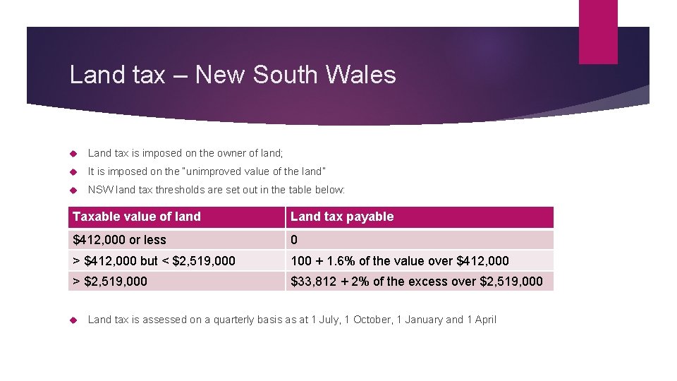 Land tax – New South Wales Land tax is imposed on the owner of