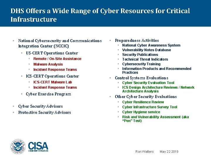 DHS Offers a Wide Range of Cyber Resources for Critical Infrastructure § National Cybersecurity