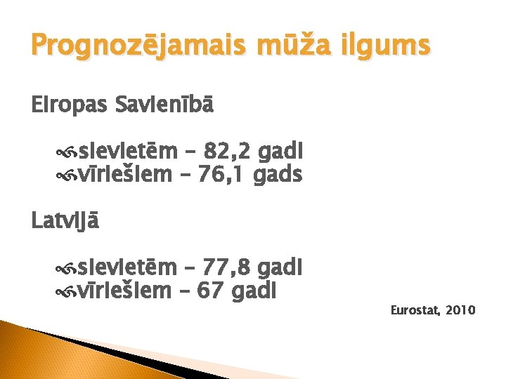 Prognozējamais mūža ilgums Eiropas Savienībā sievietēm – 82, 2 gadi vīriešiem – 76, 1