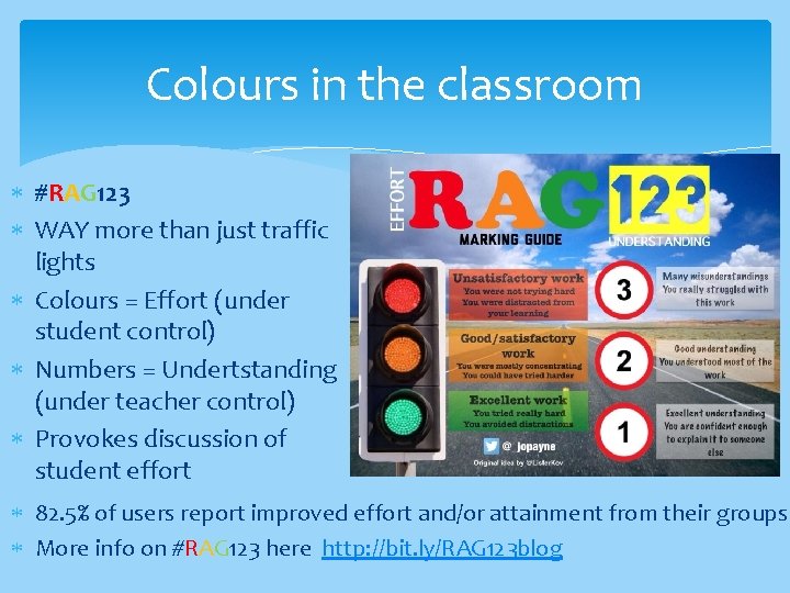 Colours in the classroom #RAG 123 WAY more than just traffic lights Colours =