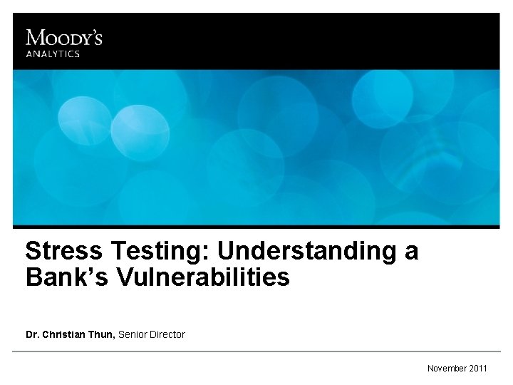 Stress Testing: Understanding a Bank’s Vulnerabilities Dr. Christian Thun, Senior Director November 2011 