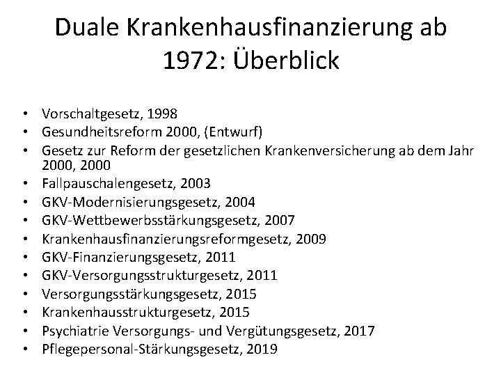 Duale Krankenhausfinanzierung ab 1972: Überblick • Vorschaltgesetz, 1998 • Gesundheitsreform 2000, (Entwurf) • Gesetz