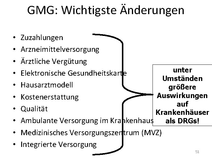 GMG: Wichtigste Änderungen • • • Zuzahlungen Arzneimittelversorgung Ärztliche Vergütung unter Elektronische Gesundheitskarte Umständen