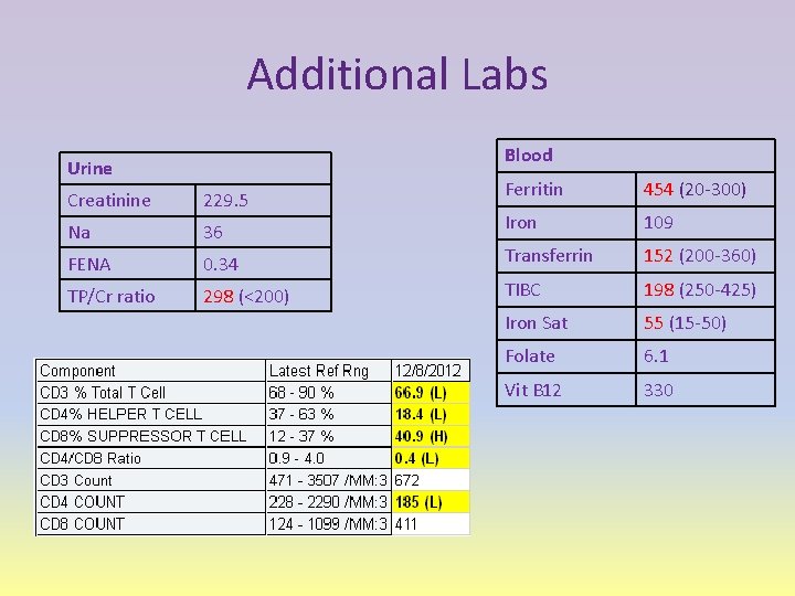 Additional Labs Blood Urine Ferritin 454 (20 -300) Iron 109 0. 34 Transferrin 152