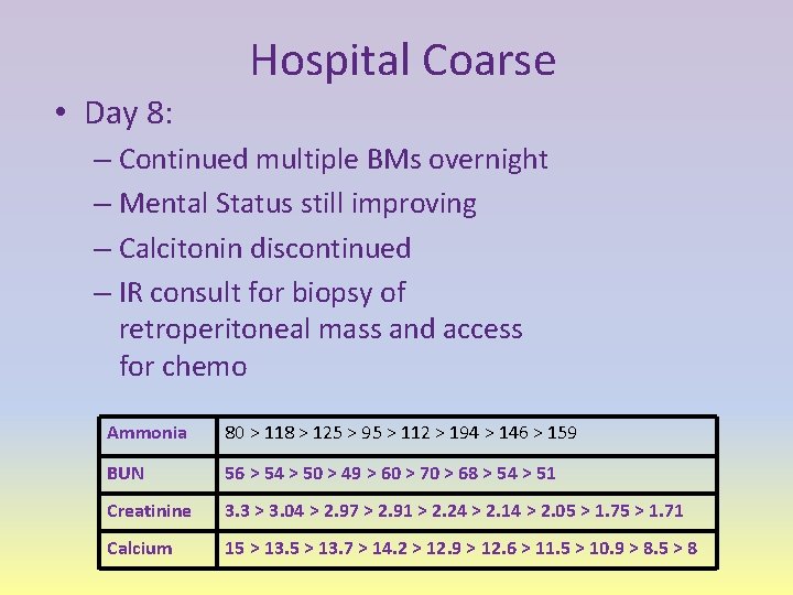 Hospital Coarse • Day 8: – Continued multiple BMs overnight – Mental Status still