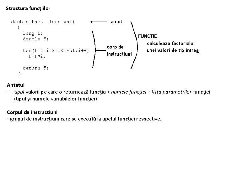 Structura funcţiilor Antetul - tipul valorii pe care o returnează funcţia + numele funcţiei